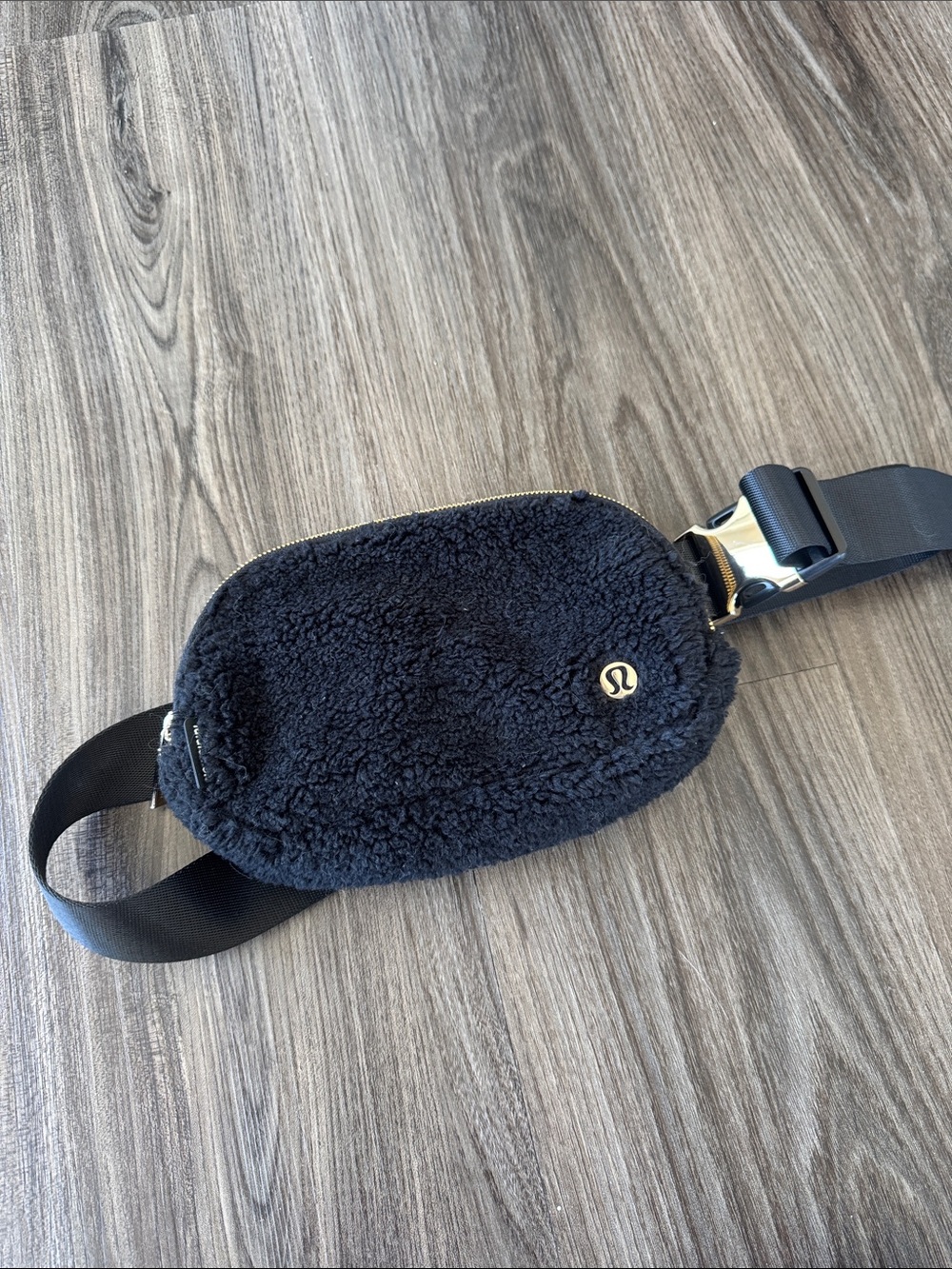 lululemon athletica Black Sherpa Crossbody Belt Bag with Gold Accent